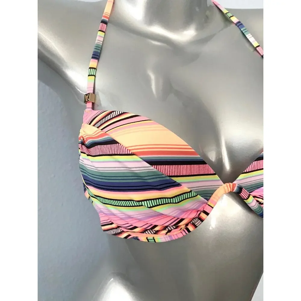 Victoria's Secret Nwt The Tease Halter Striped Lightly Lined Swim Bikini Top 32C